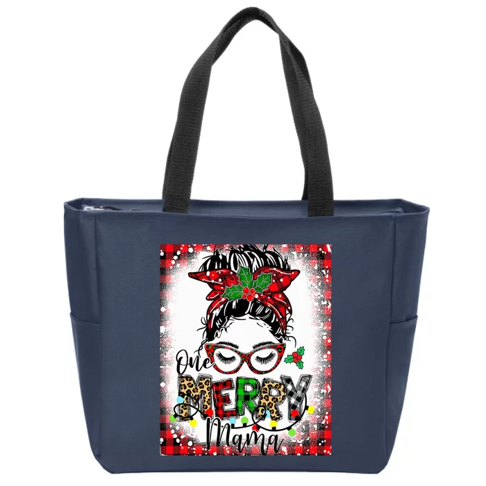 Bleached One Merry Mama Messy Bun Mama Christmas Zip Tote Bag