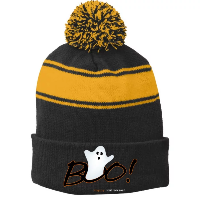 Boo Happy Halloween Ghost Stripe Pom Pom Beanie