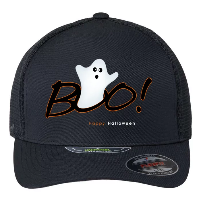 Boo Happy Halloween Ghost Flexfit Unipanel Trucker Cap