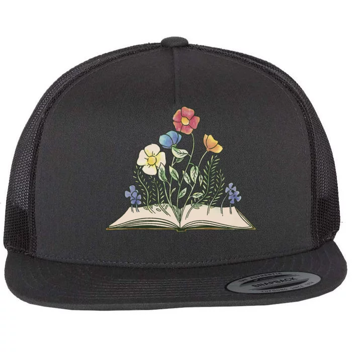 Book With Flowers Flat Bill Trucker Hat