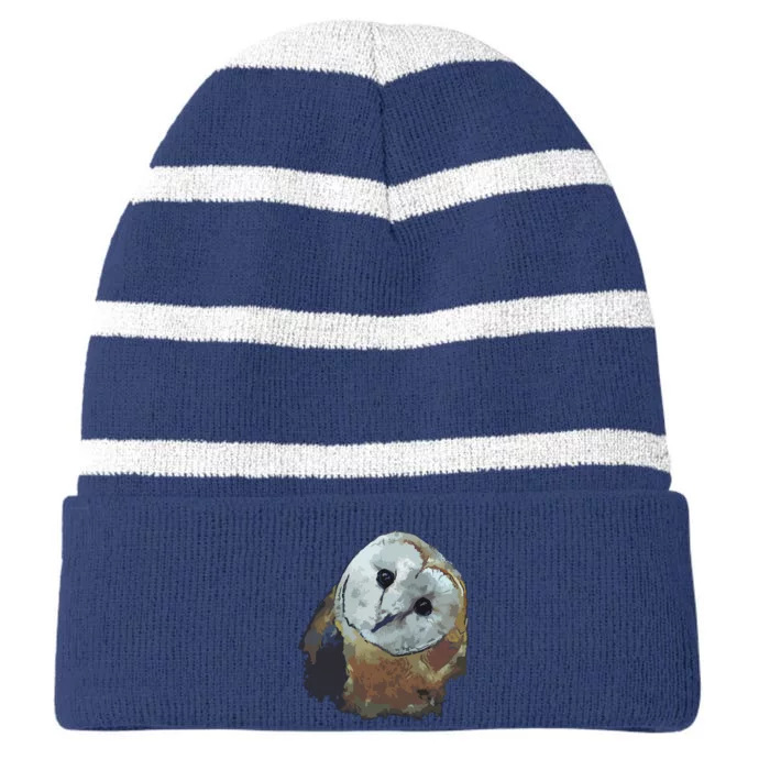 Barn Owl Painting Owl Art Striped Beanie with Solid Band