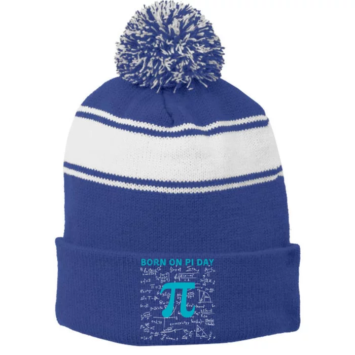 Born On Pi Day Pi Day Birthday Celebrate National Pi Day Gift Stripe Pom Pom Beanie