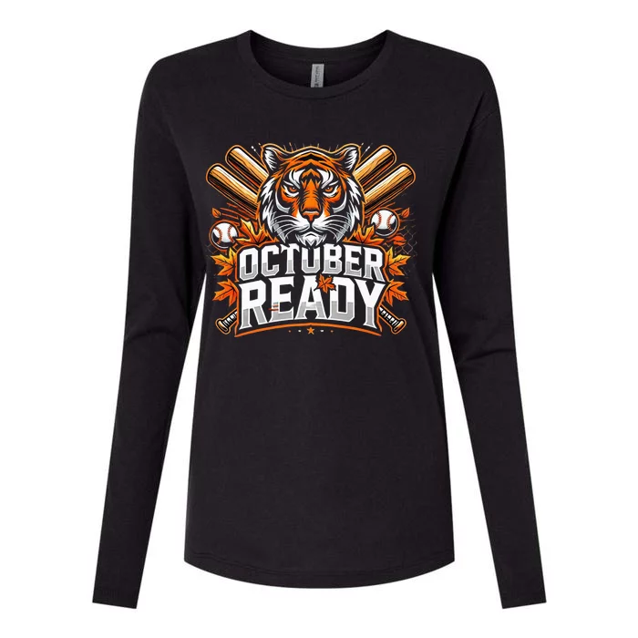 Baseball October Ready Tiger D Womens Cotton Relaxed Long Sleeve T-Shirt