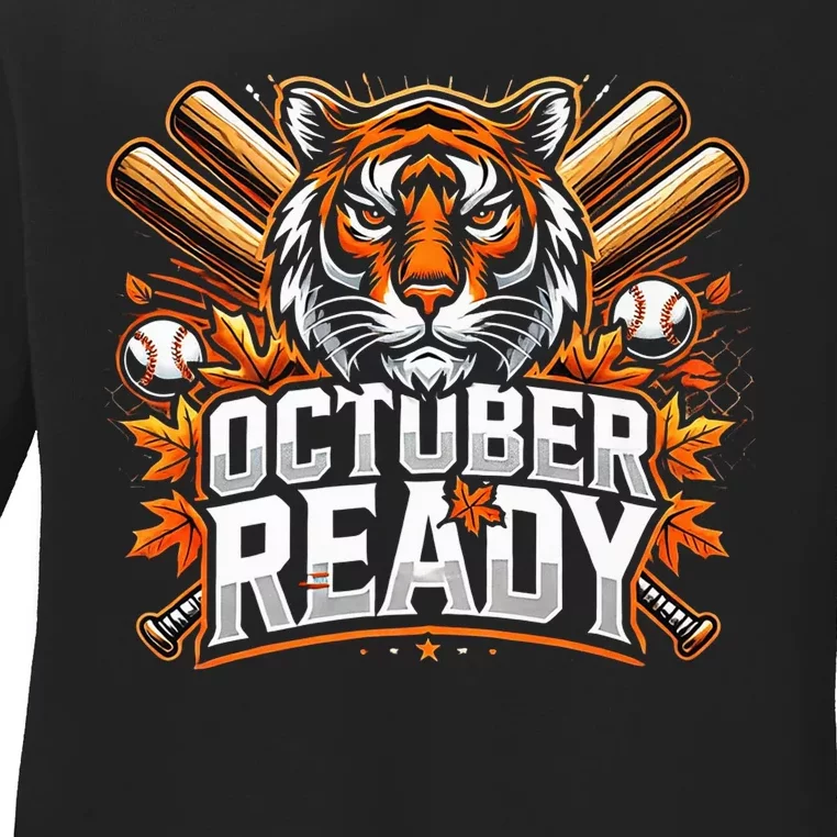 Baseball October Ready Tiger D Ladies Long Sleeve Shirt