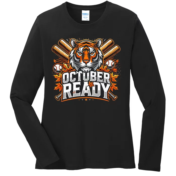 Baseball October Ready Tiger D Ladies Long Sleeve Shirt