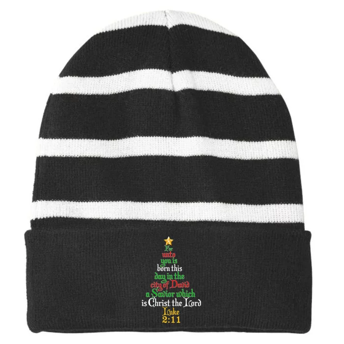 Born A Savior Christmas Christ The Lord Bible Verse Striped Beanie with Solid Band