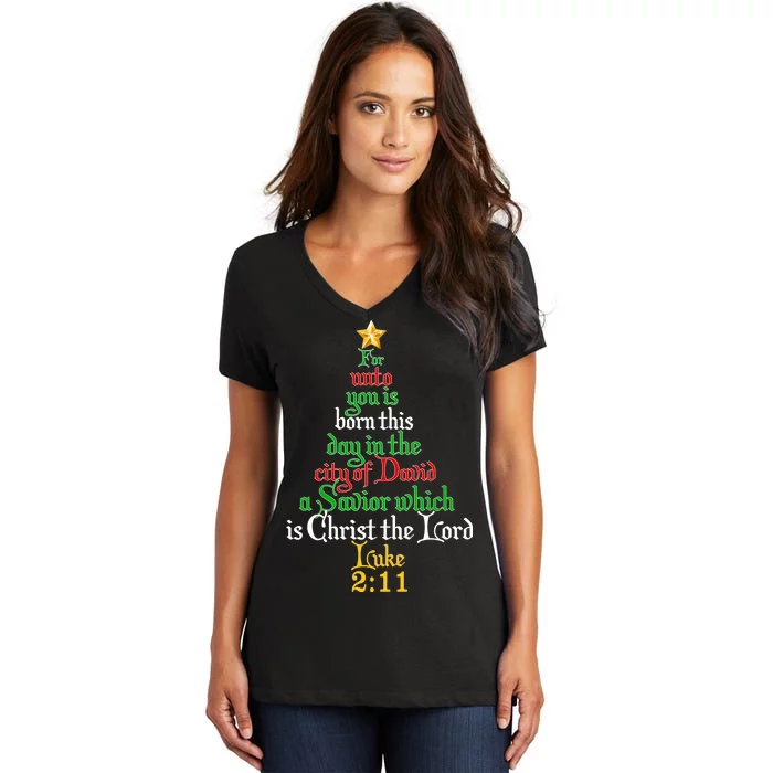 Born A Savior Christmas Christ The Lord Bible Verse Women's V-Neck T-Shirt