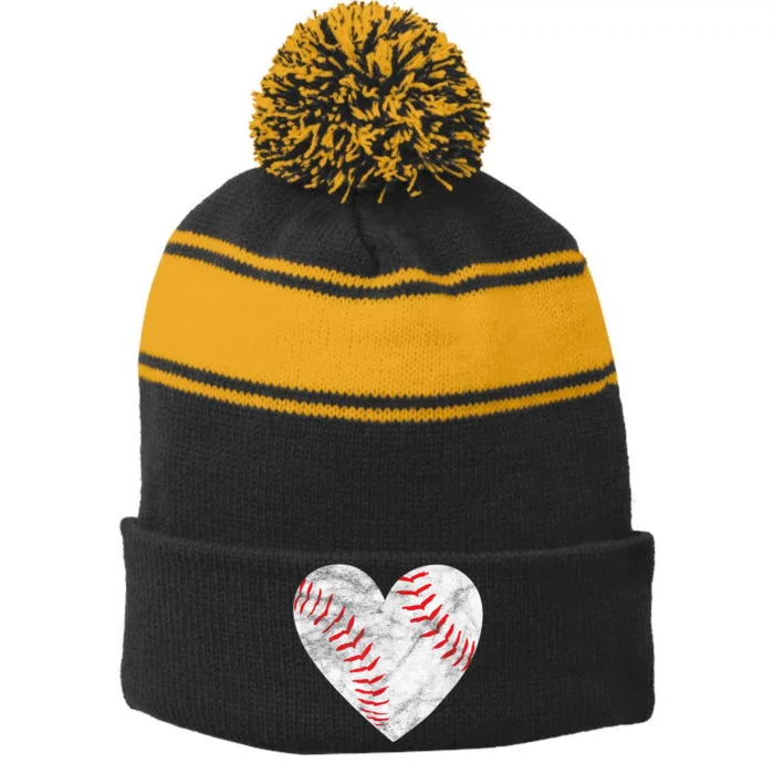 Baseball Or Softball Heart Love Stripe Pom Pom Beanie