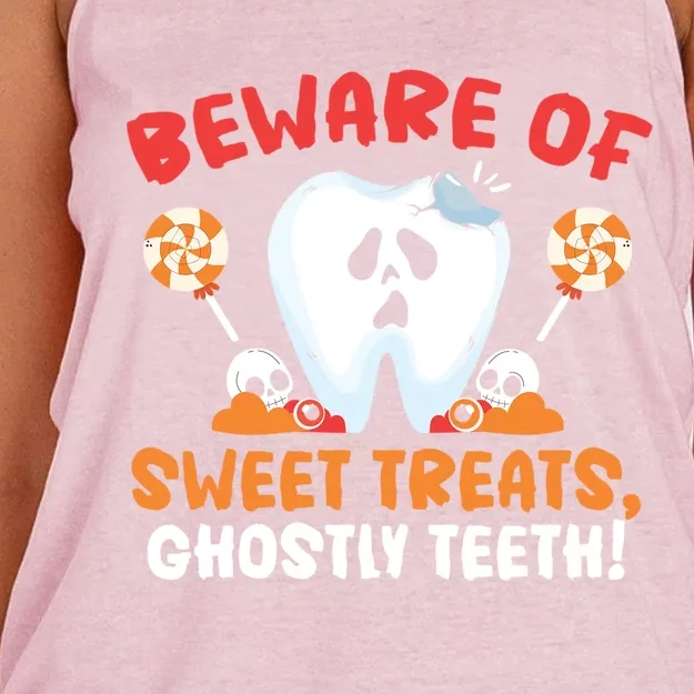 Beware Of Sweet Treats Ghostly Teeth Dental Halloween Meaningful Gift Women's Knotted Racerback Tank