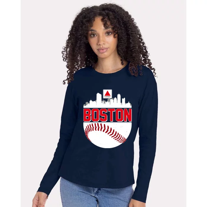 Boston Skyline Fenway Baseball Sports Logo Womens Cotton Relaxed Long Sleeve T-Shirt