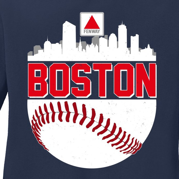 Boston Skyline Fenway Baseball Sports Logo Ladies Missy Fit Long Sleeve Shirt
