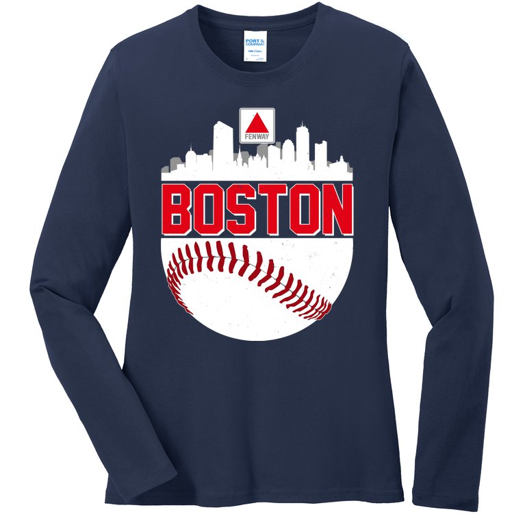 Boston Skyline Fenway Baseball Sports Logo Ladies Missy Fit Long Sleeve Shirt