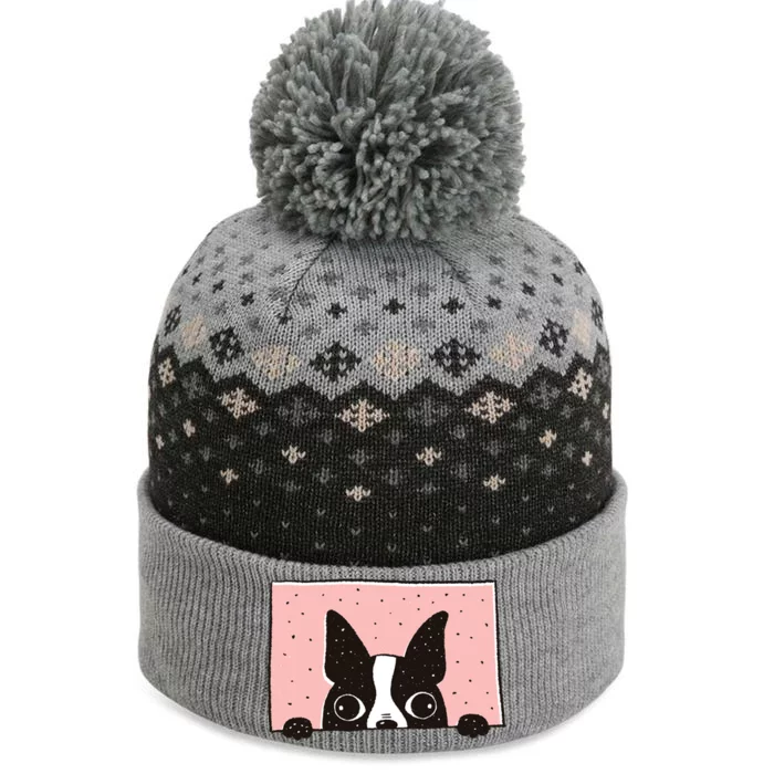 Boston Terrier Peeking The Baniff Cuffed Pom Beanie