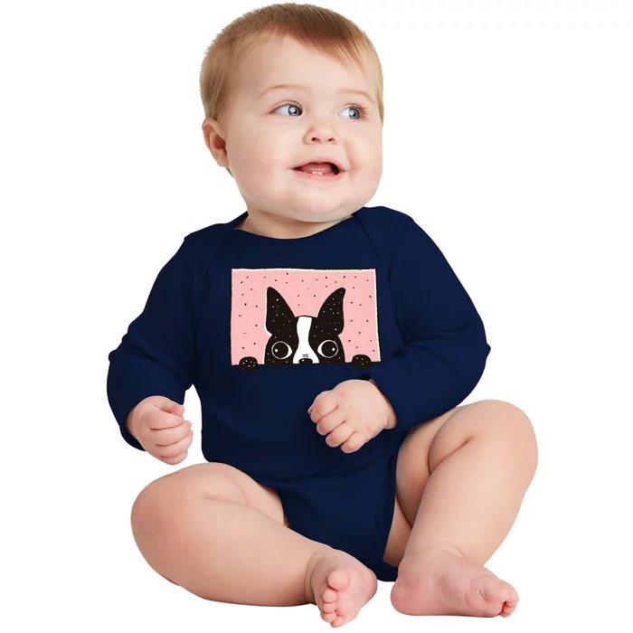 Boston Terrier Peeking Baby Long Sleeve Bodysuit