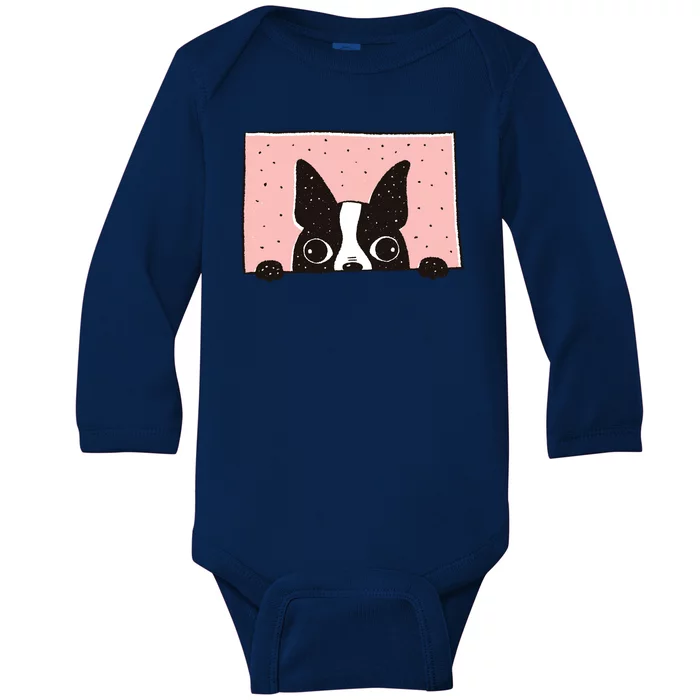 Boston Terrier Peeking Baby Long Sleeve Bodysuit