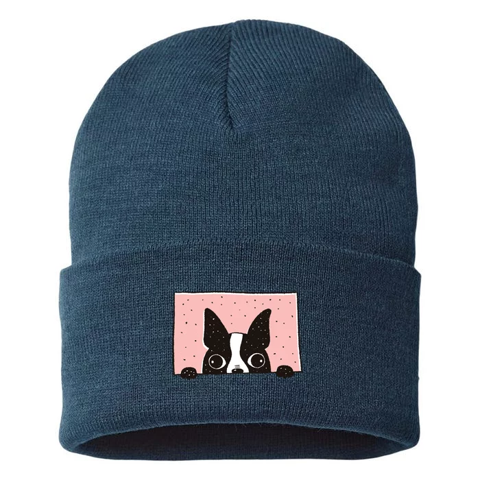 Boston Terrier Peeking Sustainable Knit Beanie