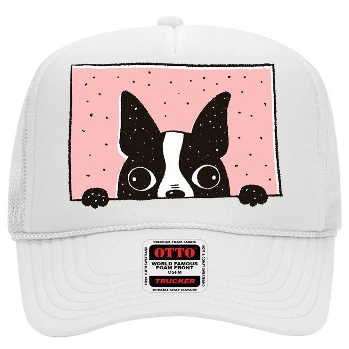 Boston Terrier Peeking High Crown Mesh Trucker Hat