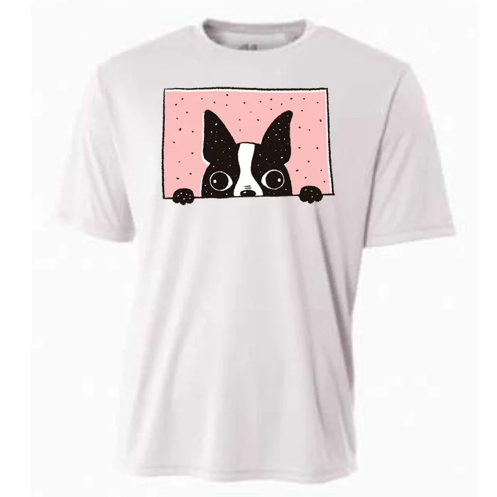 Boston Terrier Peeking Cooling Performance Crew T-Shirt