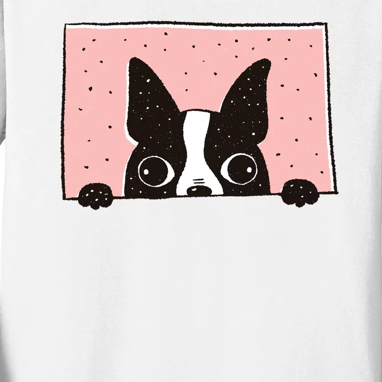 Boston Terrier Peeking Kids Long Sleeve Shirt