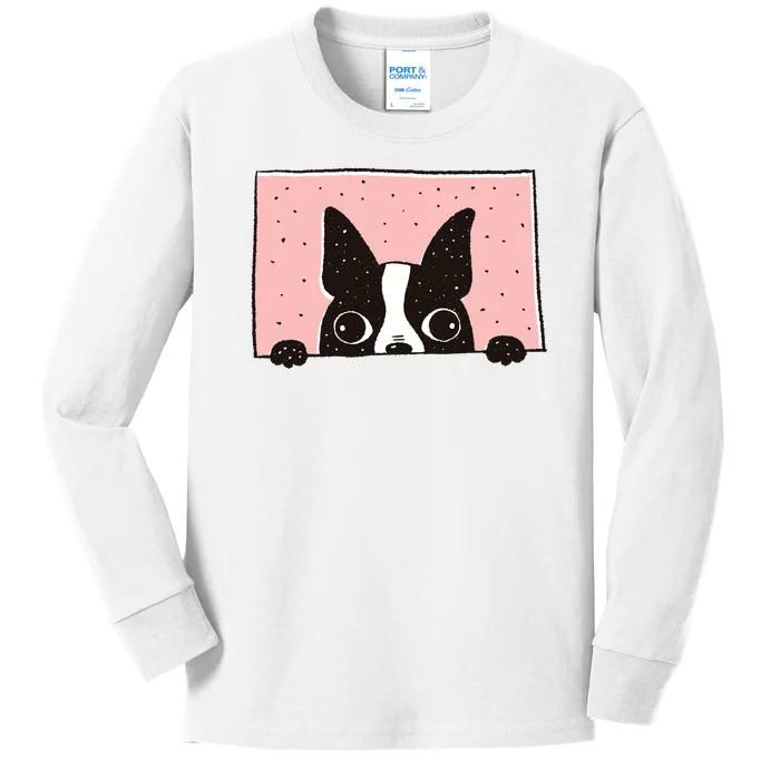 Boston Terrier Peeking Kids Long Sleeve Shirt