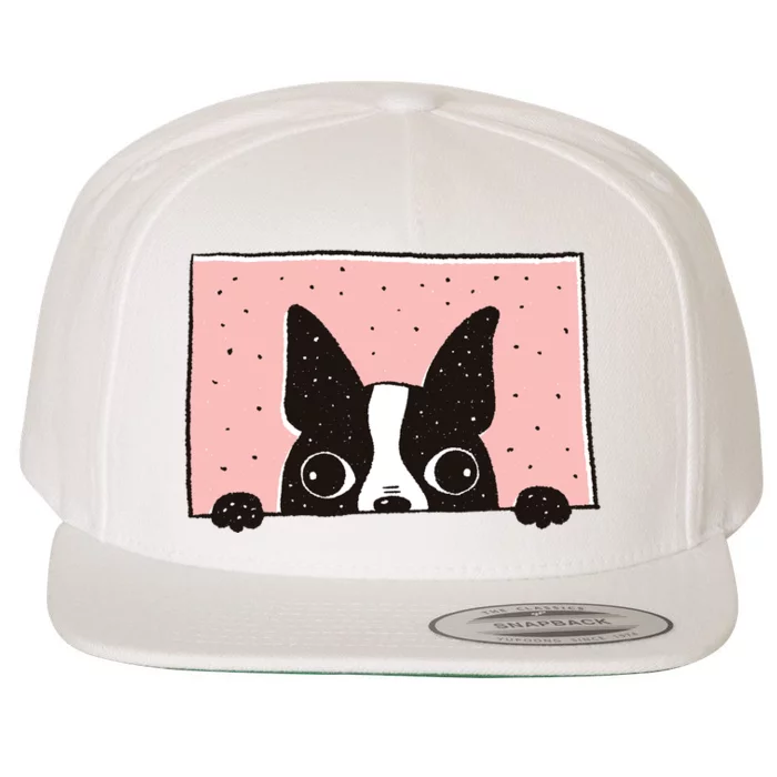 Boston Terrier Peeking Wool Snapback Cap