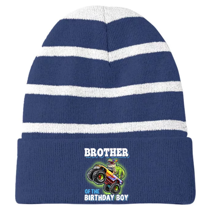 Brother Of The Birthday Boy Dinosaur Monster Truck Birthday Striped Beanie with Solid Band