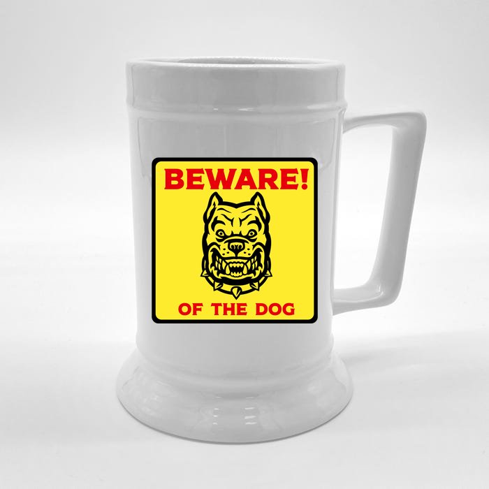 Beware Of The Dog Yellow Sign Front & Back Beer Stein