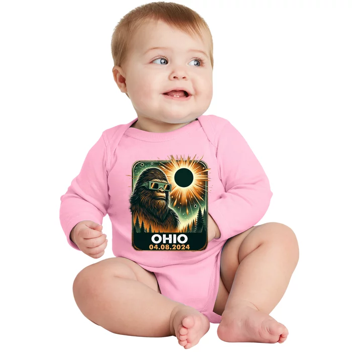 Bigfoot Ohio Total Solar Eclipse 2024 With Eclipse Glasses Baby Long Sleeve Bodysuit