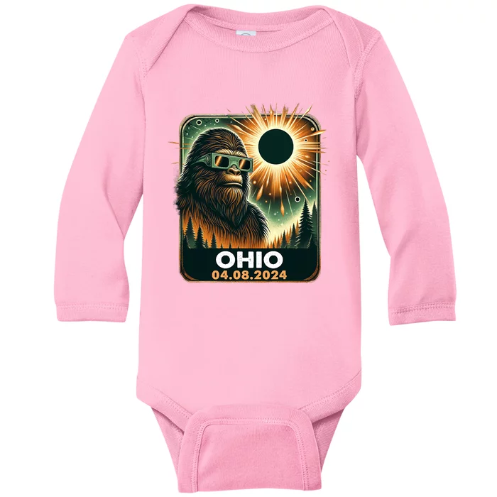 Bigfoot Ohio Total Solar Eclipse 2024 With Eclipse Glasses Baby Long Sleeve Bodysuit