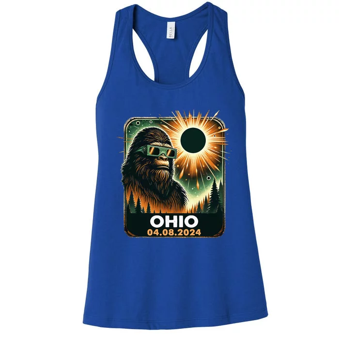 Bigfoot Ohio Total Solar Eclipse 2024 With Eclipse Glasses Women's Racerback Tank