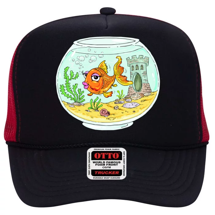 Bowl with Goldfish Cartoon High Crown Mesh Trucker Hat