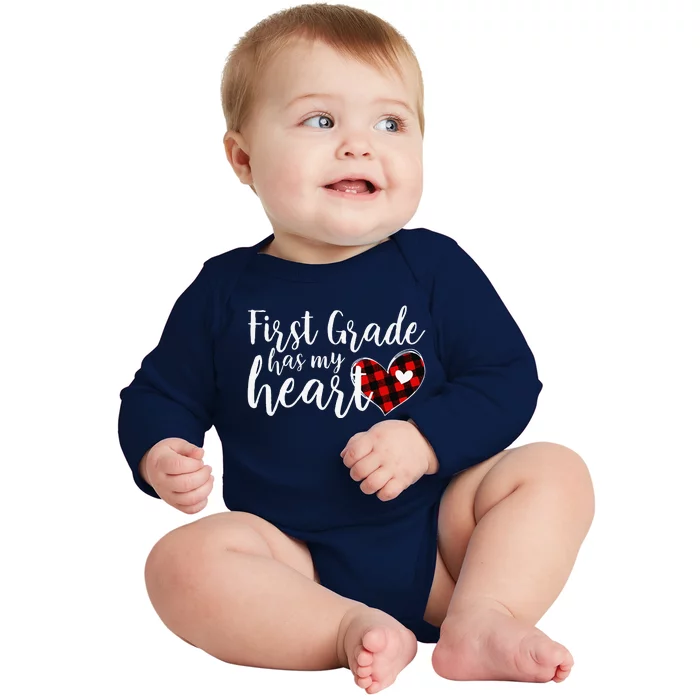 Buffalo Plaid 1st First Grade Has My Heart Teacher Valentine Baby Long Sleeve Bodysuit