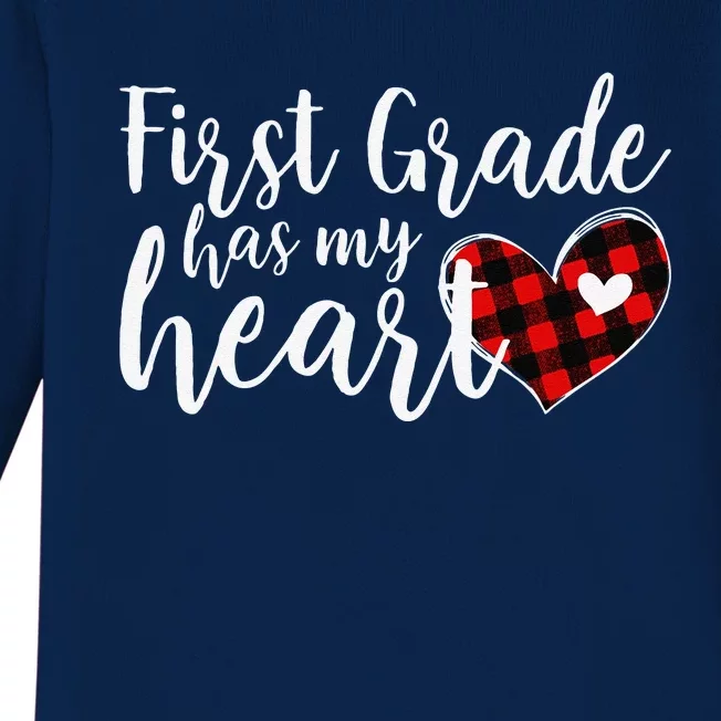 Buffalo Plaid 1st First Grade Has My Heart Teacher Valentine Baby Long Sleeve Bodysuit