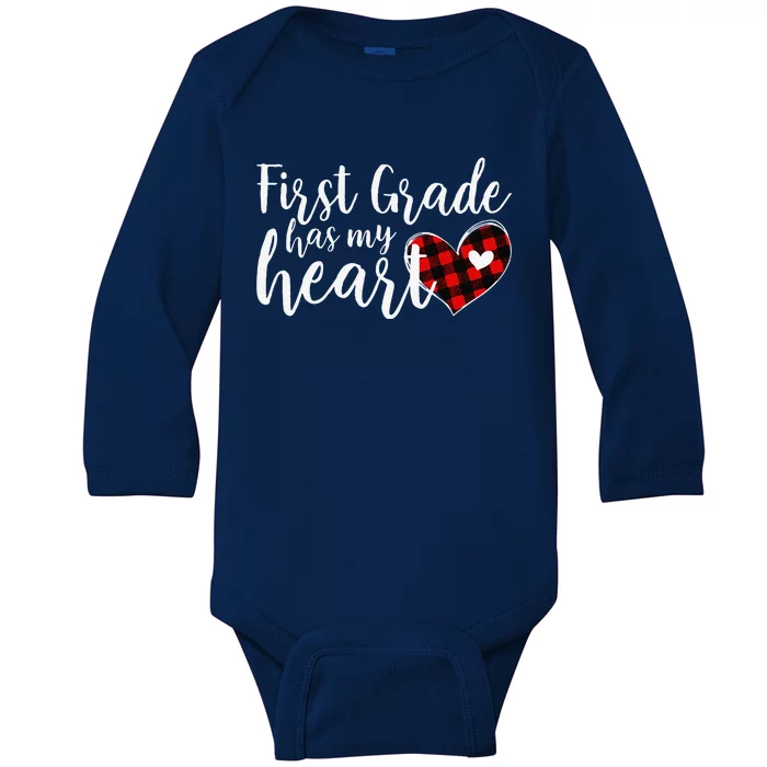 Buffalo Plaid 1st First Grade Has My Heart Teacher Valentine Baby Long Sleeve Bodysuit