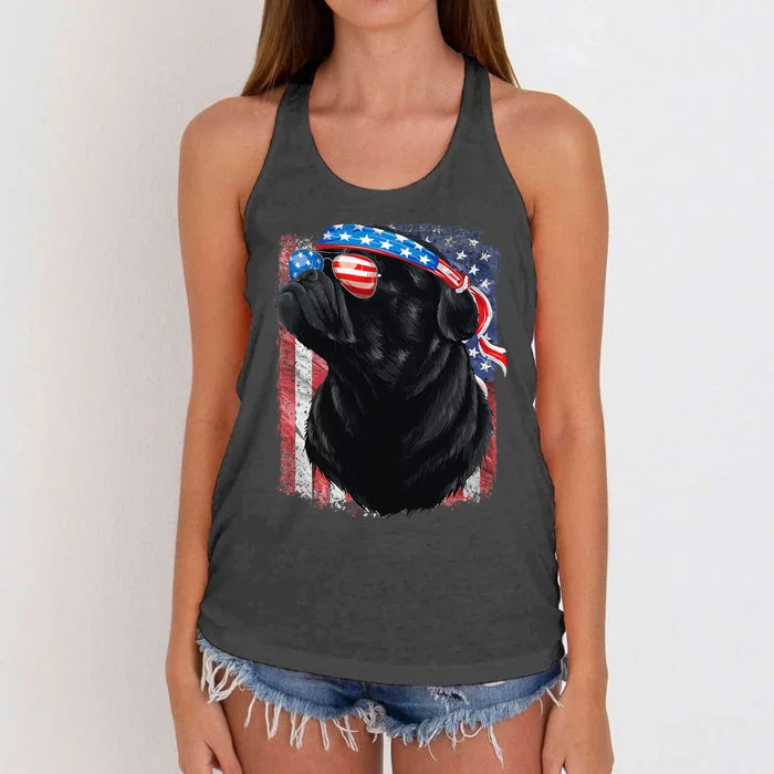 Black Pug 4th of July Dog Mom Dog Dad USA Flag Funny Pug Women's Knotted Racerback Tank