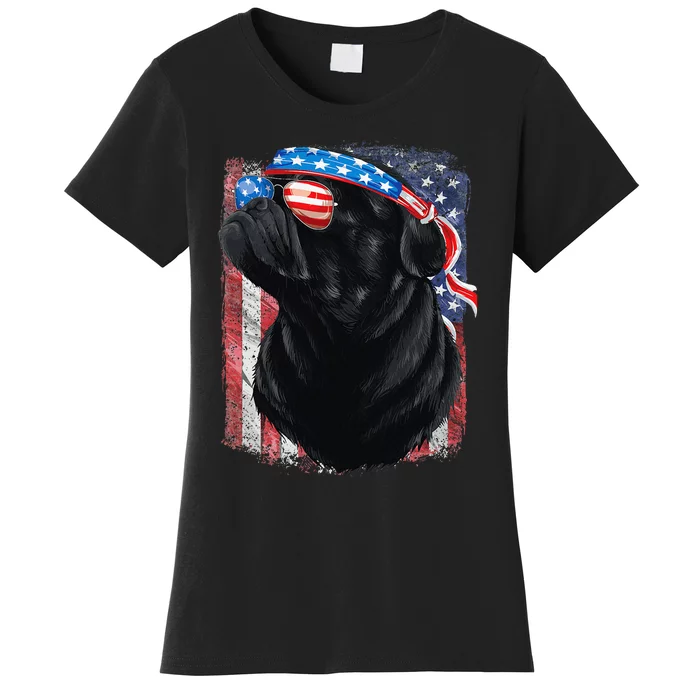 Black Pug 4th of July Dog Mom Dog Dad USA Flag Funny Pug Women's T-Shirt