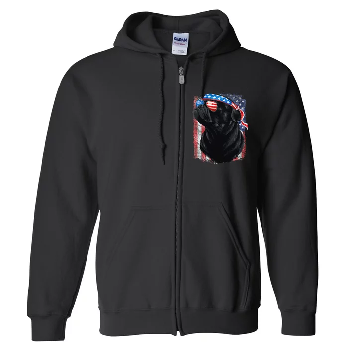 Black Pug 4th of July Dog Mom Dog Dad USA Flag Funny Pug Full Zip Hoodie