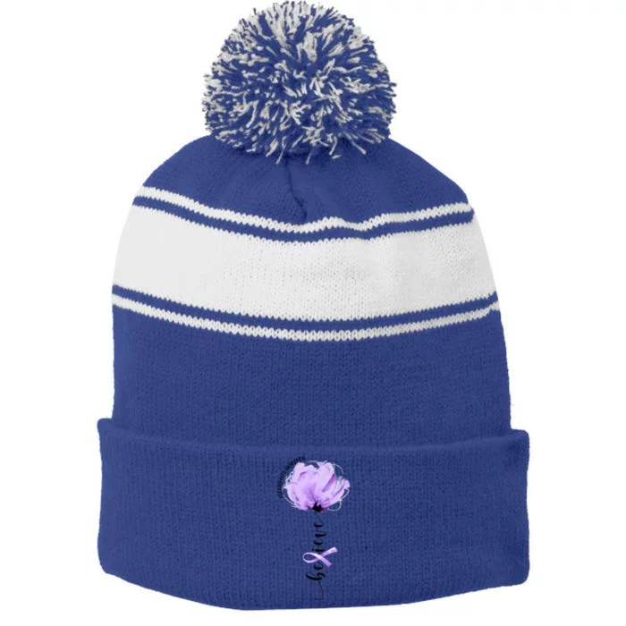 Believe Prematurity Awareness Purple Ribbon Flower Lovers Gift Stripe Pom Pom Beanie