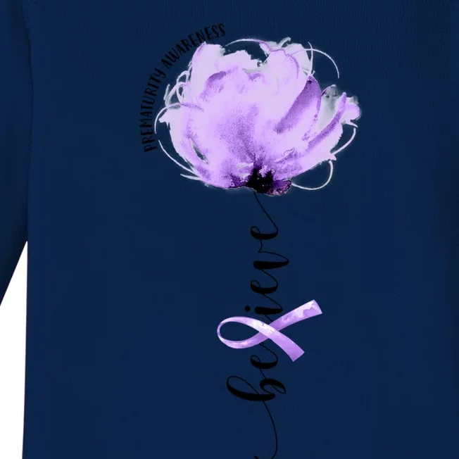 Believe Prematurity Awareness Purple Ribbon Flower Lovers Gift Baby Long Sleeve Bodysuit