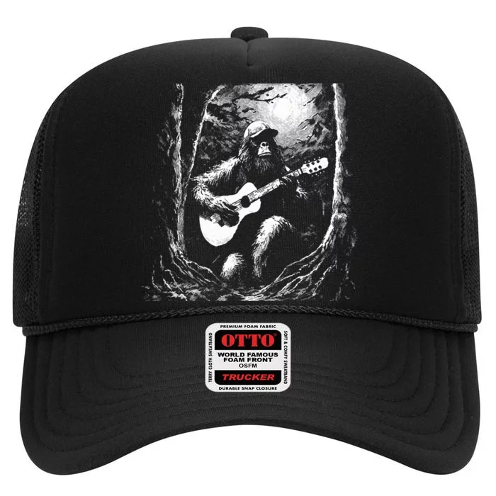 Bigfoot Playing Acoustic Guitar Funny Sasquatch Big Foot High Crown Mesh Trucker Hat