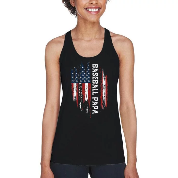 Baseball Papa American Flag Grandpa Grandson 4th Of July Women's Racerback Tank