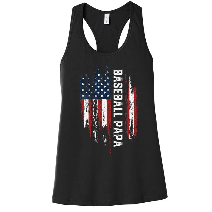 Baseball Papa American Flag Grandpa Grandson 4th Of July Women's Racerback Tank