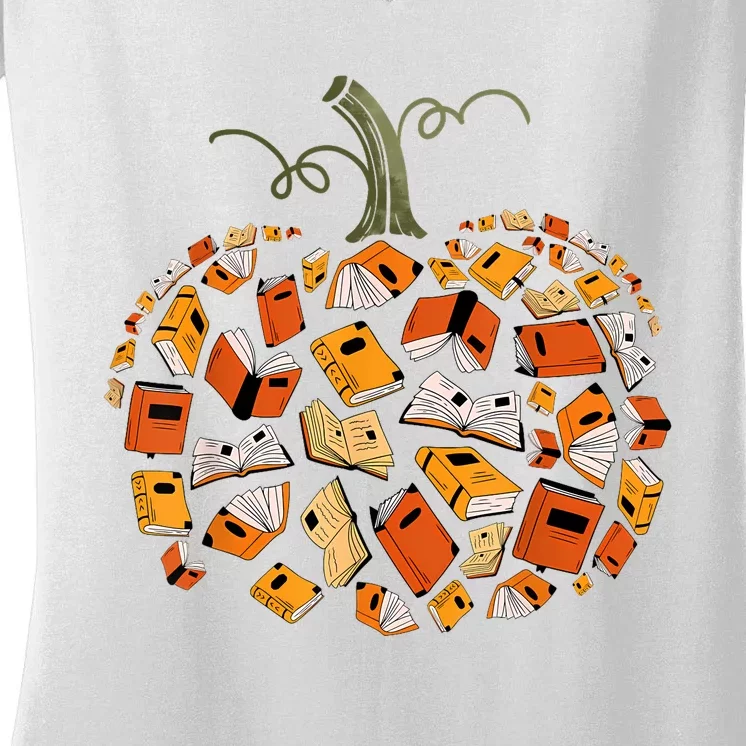 Book Pumpkin Autumn Fall Librarians Bookworm Teacher Women's V-Neck T-Shirt