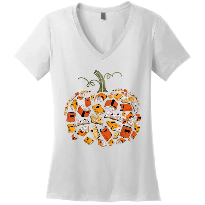 Book Pumpkin Autumn Fall Librarians Bookworm Teacher Women's V-Neck T-Shirt