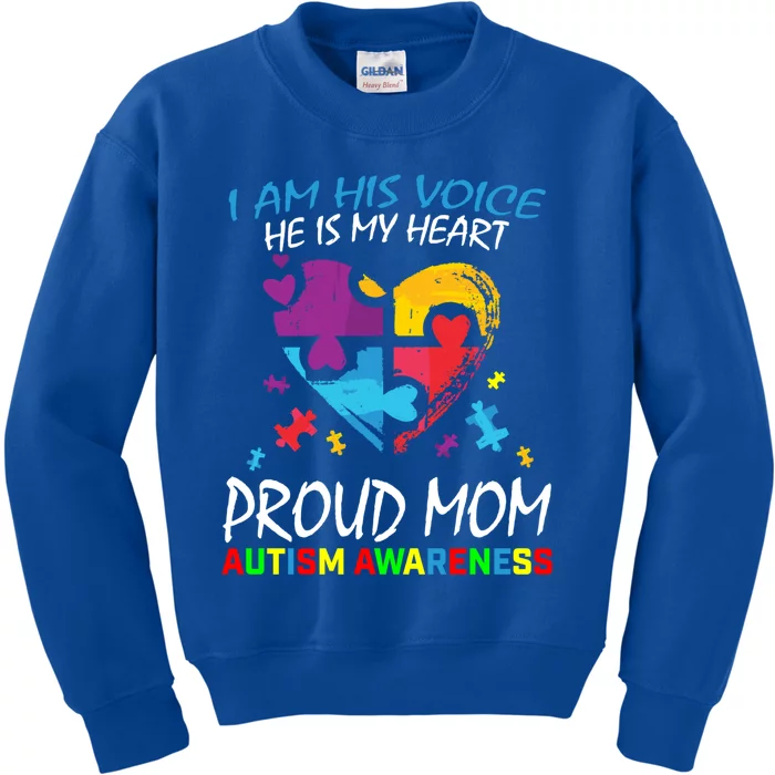 Blue Proud Autism Awareness Mom Son I Am His Voice My Heart Gift Kids Sweatshirt