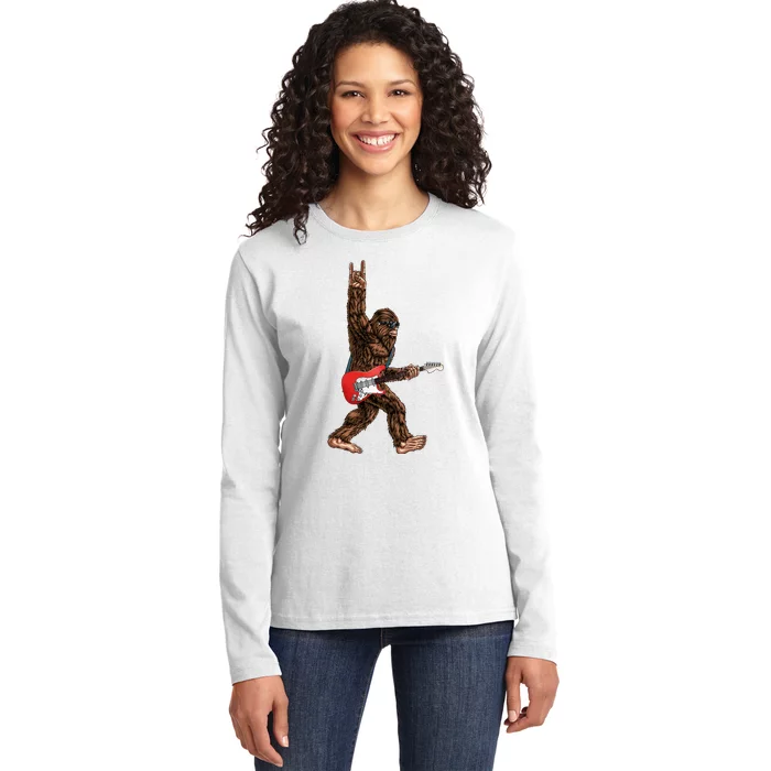 Bigfoot Playing A Electric Guitar Rock On Sasquatch Big Foot Ladies Long Sleeve Shirt