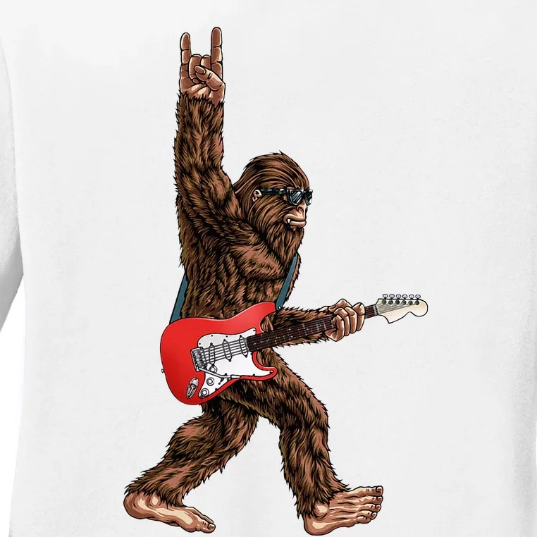 Bigfoot Playing A Electric Guitar Rock On Sasquatch Big Foot Ladies Long Sleeve Shirt