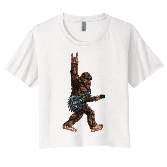 Bigfoot Playing A Dragon Guitar Rock On Sasquatch Big Foot Women's Crop Top Tee