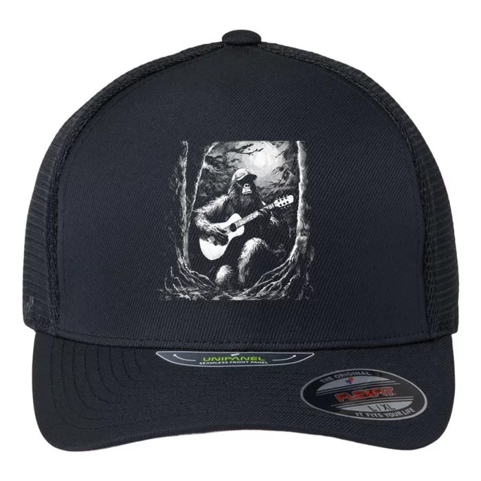 Bigfoot Playing Acoustic Guitar Flexfit Unipanel Trucker Cap