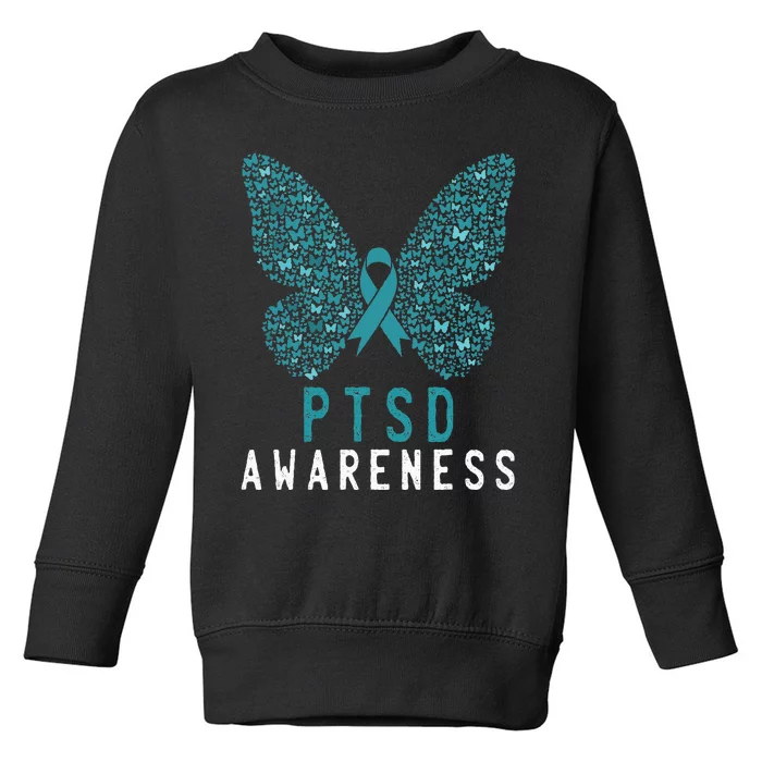 Butterfly PTSD Awareness Month Teal Ribbon Support Fighter Toddler Sweatshirt